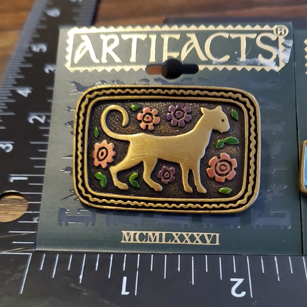 Vintage JJ Jonette Artifacts Bronze Cat Floral Brooch Pin